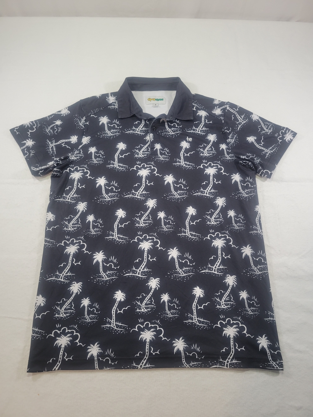 Tipsey Elves Men's Size Large Monochrome Moonlight Golf Polo Palm Tree Print